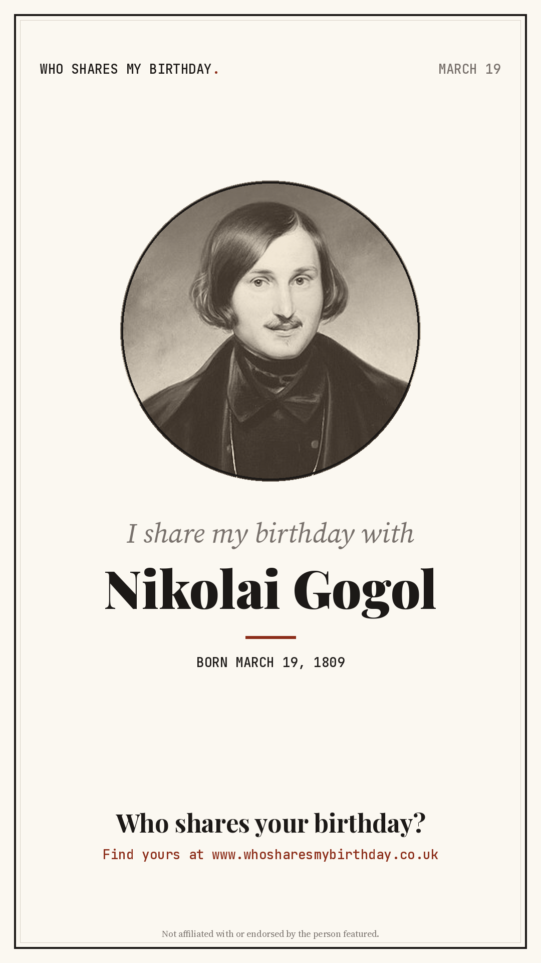 I share my birthday with Nikolai Gogol
